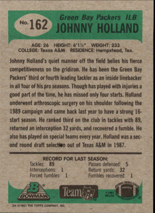 1991 Bowman #162 Johnny Holland back image