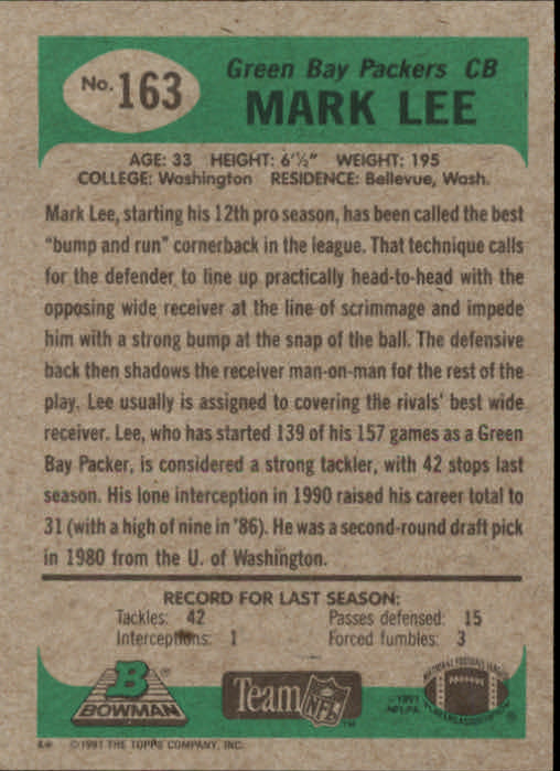 1991 Bowman #163 Mark Lee back image