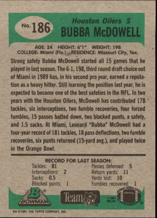 1991 Pacific #179 BUBBA MCDOWELL Houston Oilers ~C4C