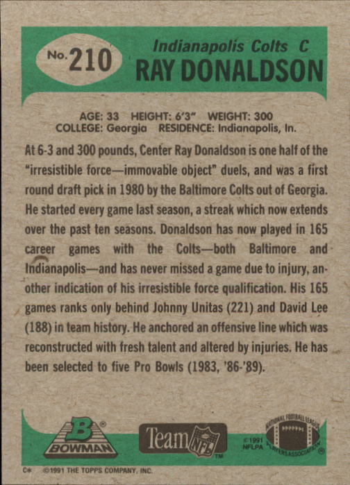 1991 Bowman #210 Ray Donaldson back image