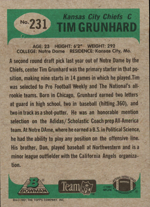 1991 Bowman #231 Tim Grunhard back image
