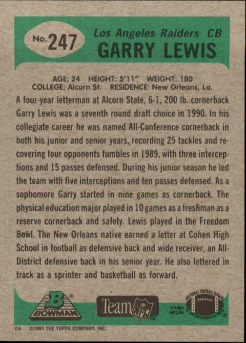 1991 Bowman #247 Garry Lewis back image