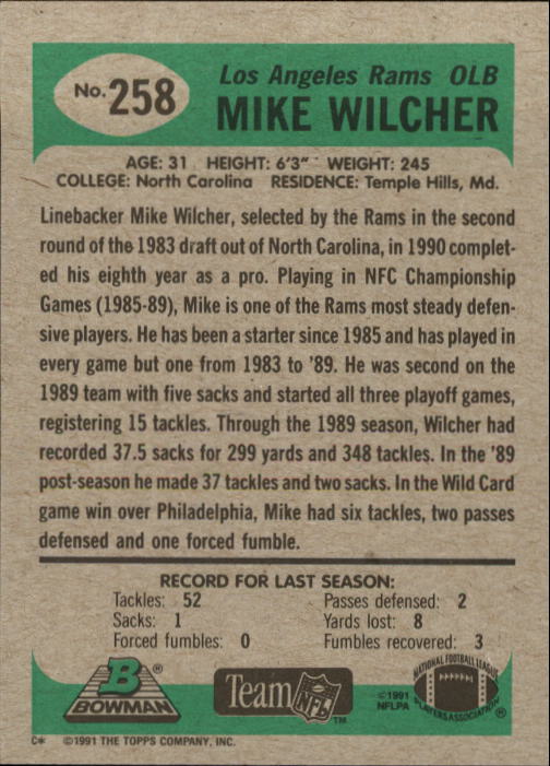 1991 Bowman #258 Mike Wilcher back image
