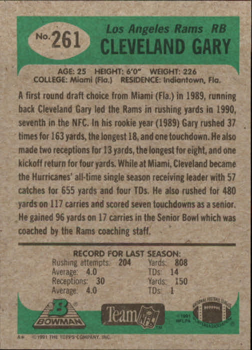 1991 Bowman #261 Cleveland Gary back image
