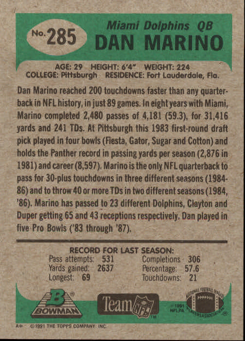 1991 Bowman #285 Dan Marino UER back image