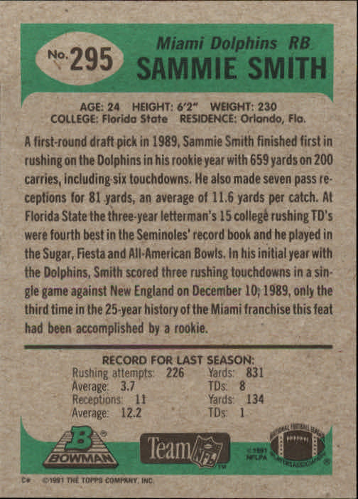 1991 Bowman #295 Sammie Smith back image