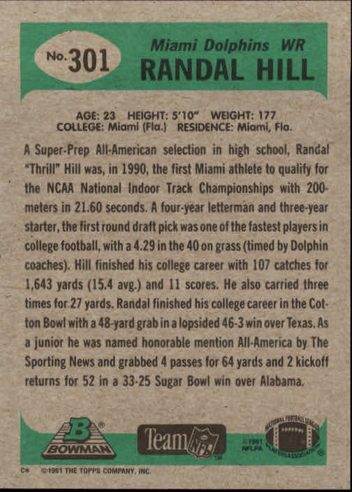 1991 Bowman #301 Randal Hill RC back image