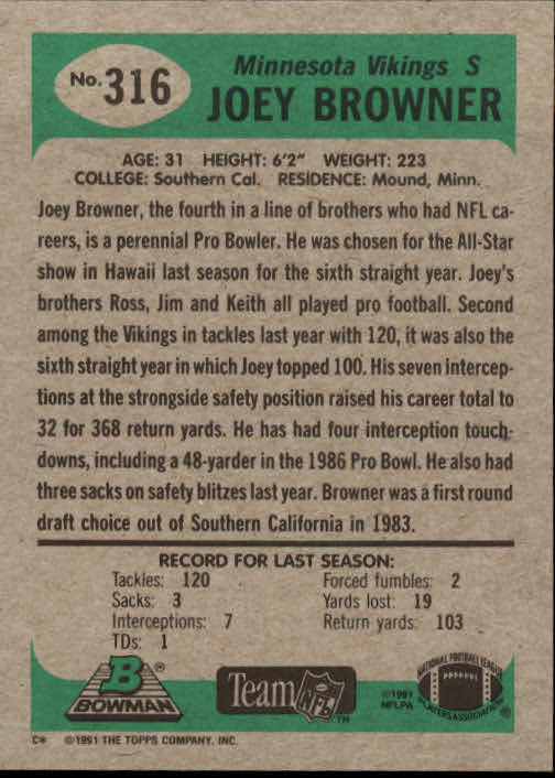 1991 Bowman #316 Joey Browner back image