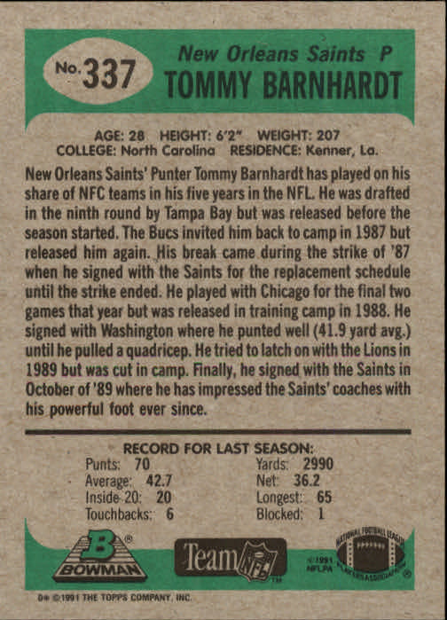 1991 Bowman #337 Tommy Barnhardt RC back image