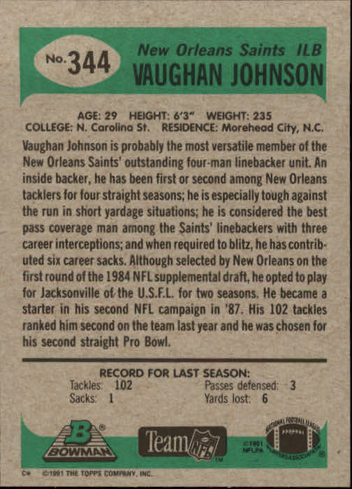 1991 Bowman #344 Vaughan Johnson back image