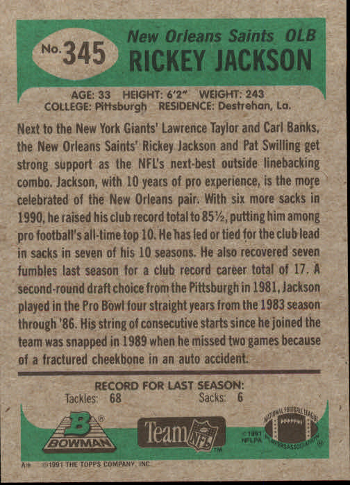 1991 Bowman #345 Rickey Jackson back image