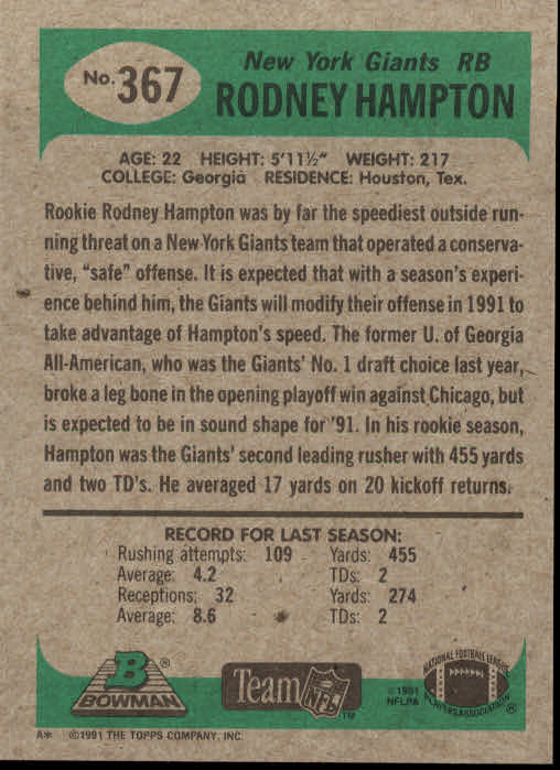 1991 Bowman #367 Rodney Hampton back image