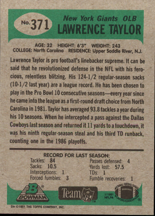 1991 Bowman #371 Lawrence Taylor back image