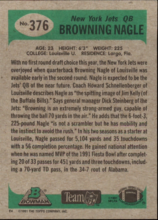 1991 Bowman #376 Browning Nagle RC back image