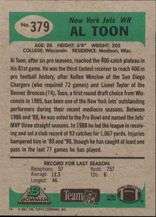 1991 Bowman #379 Al Toon back image