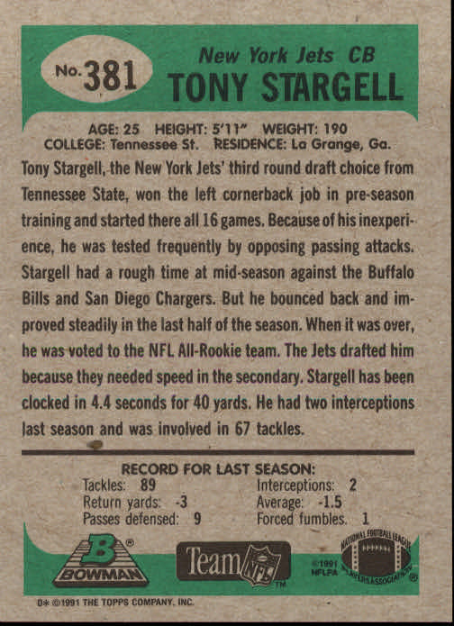 1991 Bowman #381 Tony Stargell back image