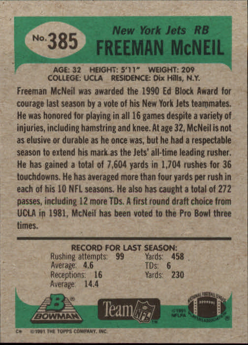 1991 Bowman #385 Freeman McNeil back image