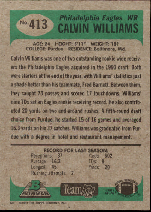 1991 Bowman #413 Calvin Williams back image