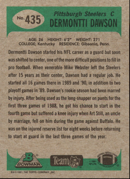 1991 Bowman #435 Dermontti Dawson back image