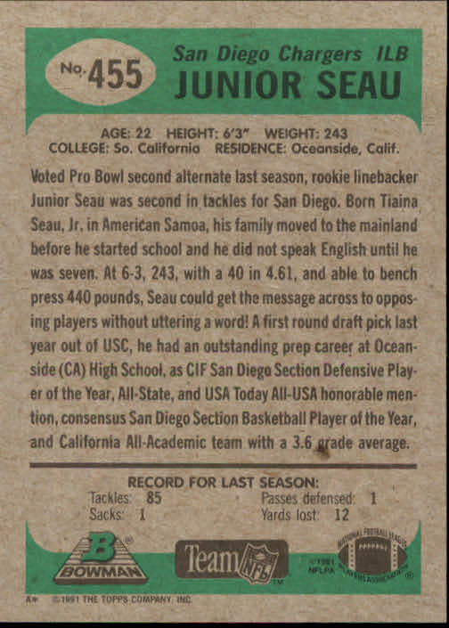 1991 Bowman #455 Junior Seau back image