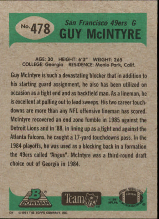 1991 Bowman #478 Guy McIntyre back image