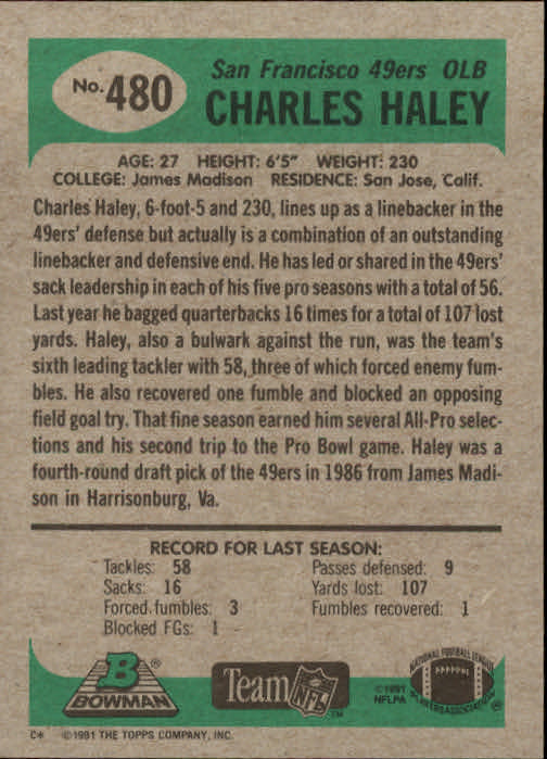 1991 Bowman #480 Charles Haley back image
