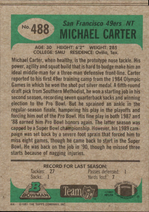 1991 Bowman #488 Michael Carter back image