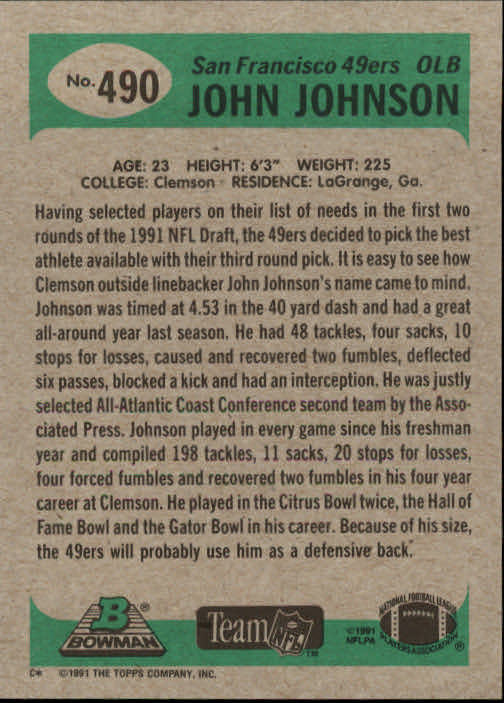 1991 Bowman #490 John Johnson RC back image