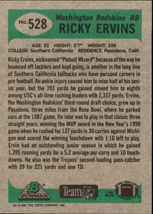 1991 Bowman #528 Ricky Ervins RC back image