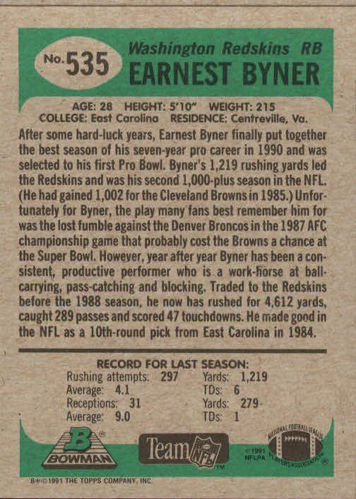 1991 Bowman #535 Earnest Byner back image