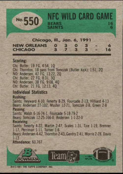 1991 Bowman #550 Bears vs. Saints UER back image
