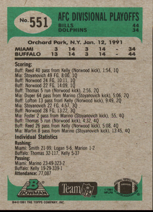 1991 Bowman #551 Playoffs/Thurman Thomas back image