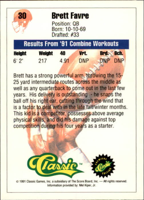 1991 Classic #30 Brett Favre back image