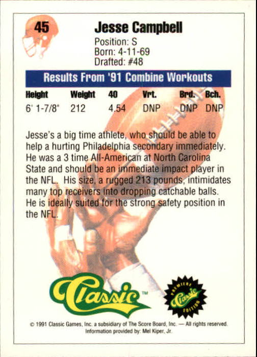 1991 Classic #45 Jesse Campbell back image