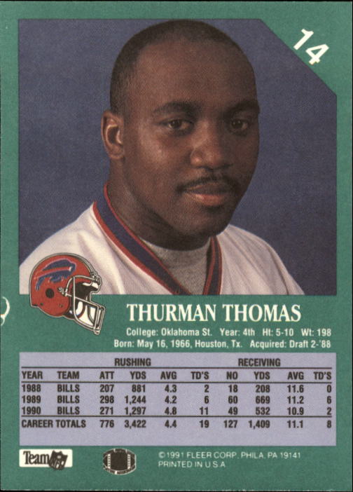 1991 Fleer #14 Thurman Thomas back image