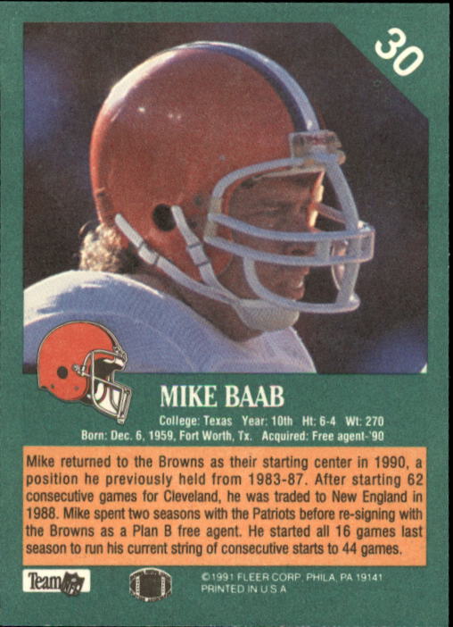 1991 Fleer #30 Mike Baab back image