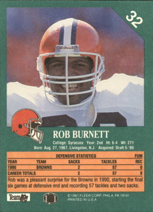 1991 Fleer #32 Rob Burnett RC back image