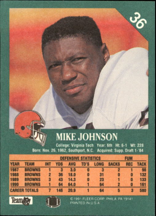 1991 Fleer #36 Mike Johnson back image