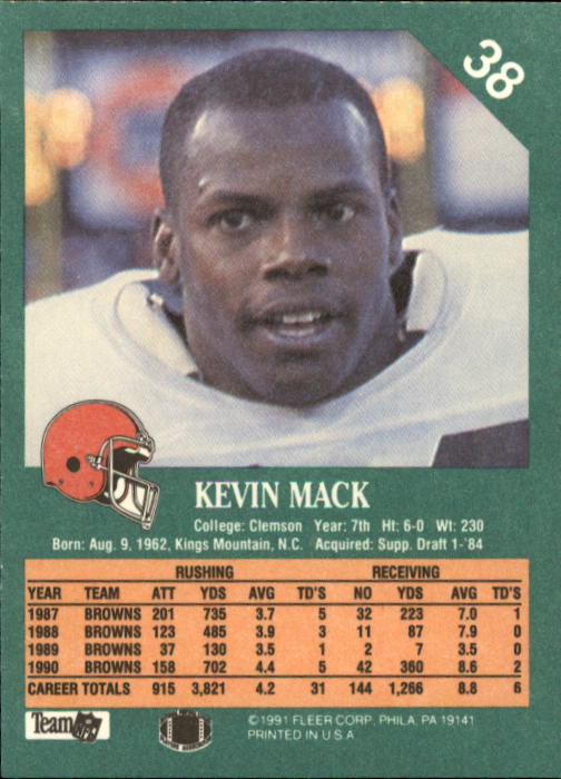 1991 Fleer #38 Kevin Mack back image