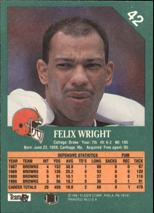 1991 Fleer #42 Felix Wright back image