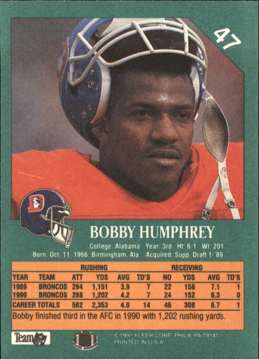 1991 Fleer #47 Bobby Humphrey back image