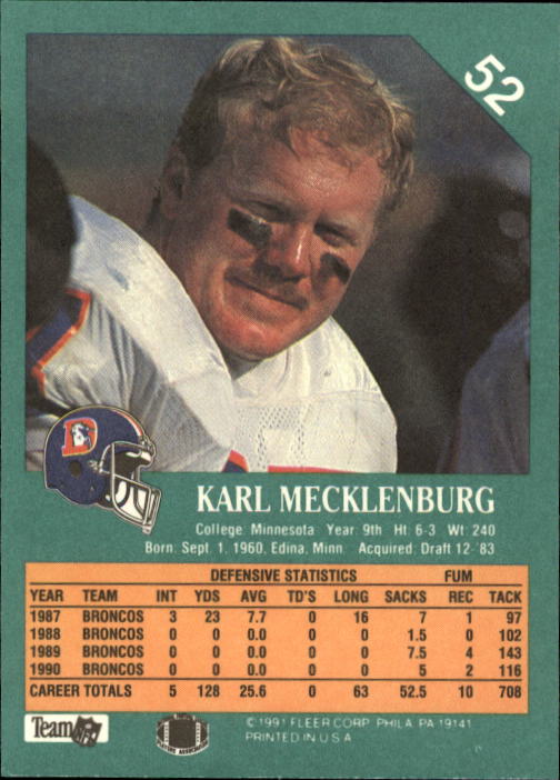 1991 Fleer #52 Karl Mecklenburg back image