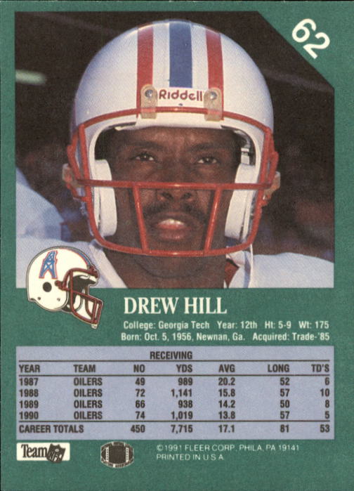 1991 Fleer #62 Drew Hill back image