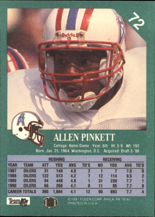 1991 Fleer #72 Allen Pinkett back image