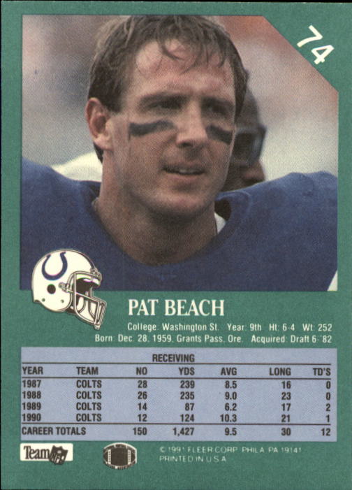1991 Fleer #74 Pat Beach back image