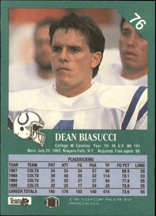 1991 Fleer #76 Dean Biasucci back image