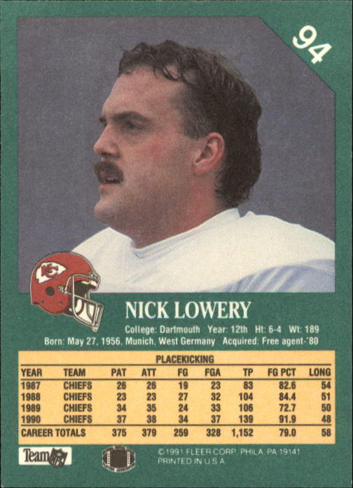 1991 Fleer #94 Nick Lowery back image