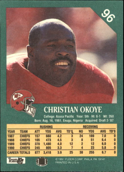 1991 Fleer #96 Christian Okoye back image