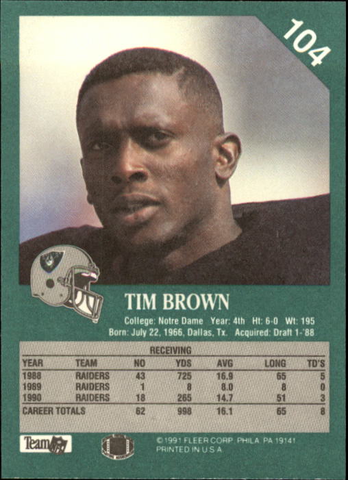 1991 Fleer #104 Tim Brown back image