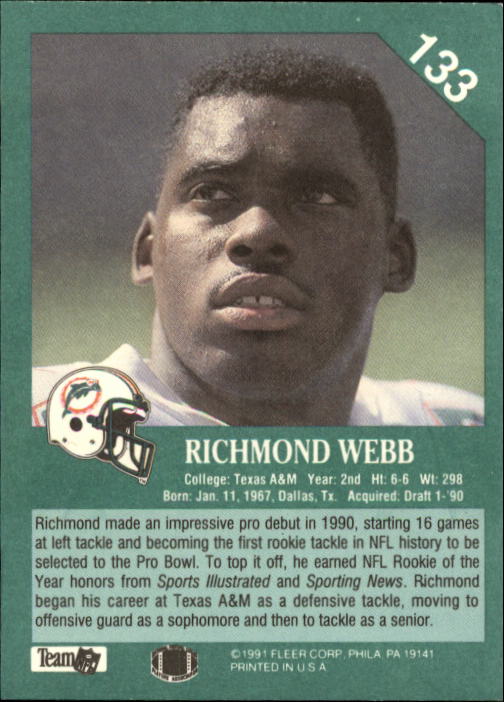 1991 Fleer #133 Richmond Webb back image